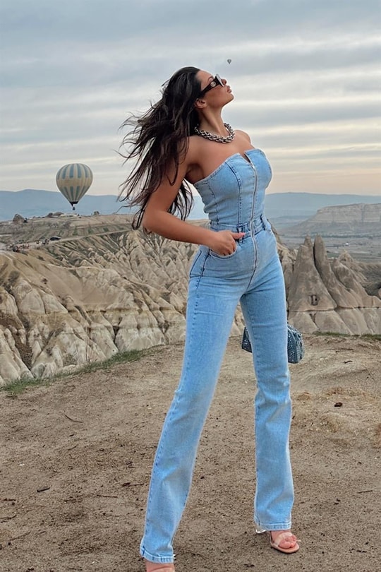 Straplez Denim Tulum Buz Mavi
