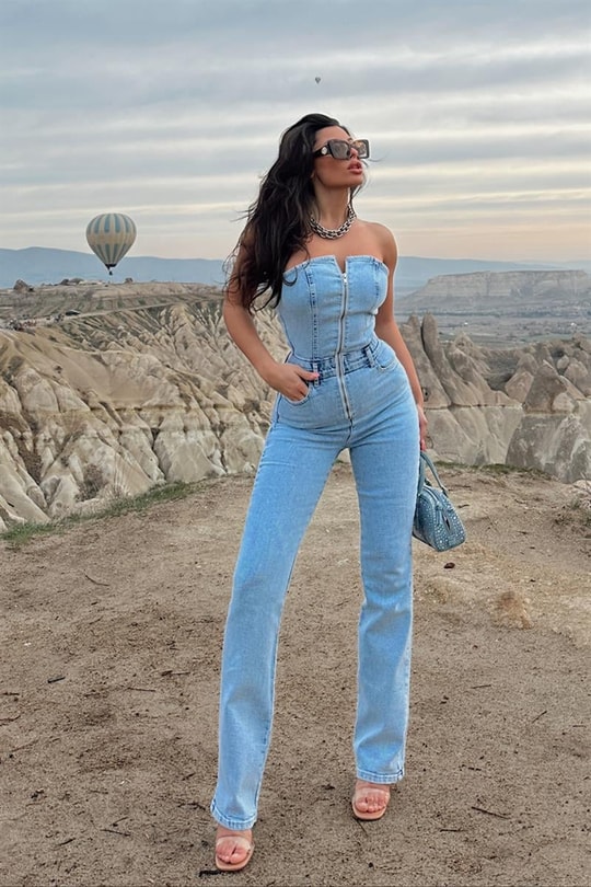 Straplez Denim Tulum Buz Mavi