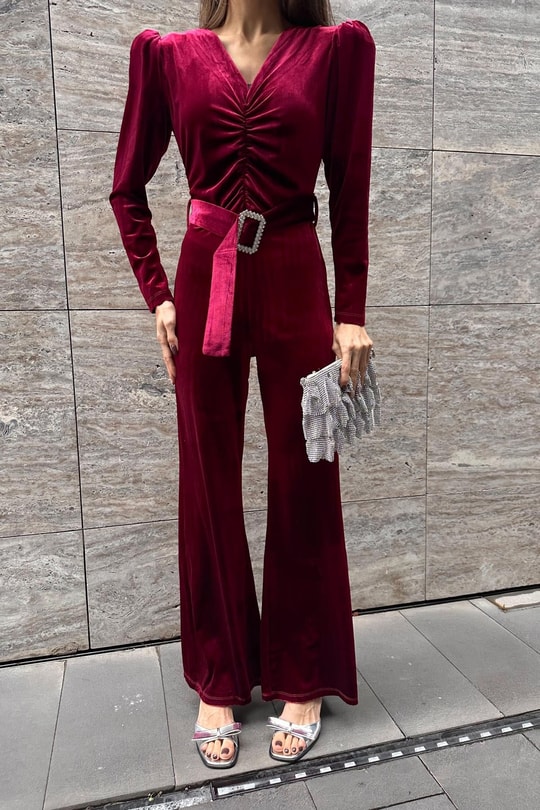 Velvet Büzgülü Tulum Bordo