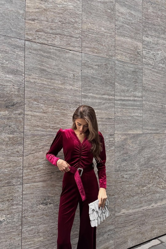 Velvet Büzgülü Tulum Bordo