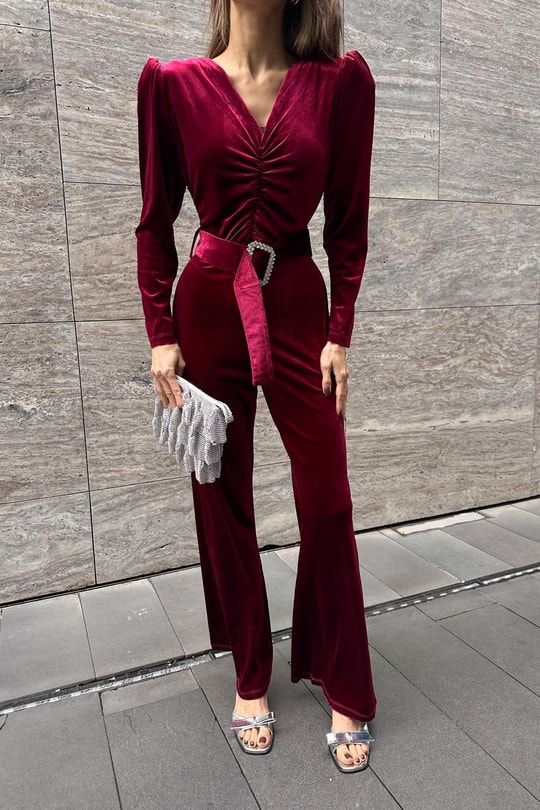 Velvet Büzgülü Tulum Bordo
