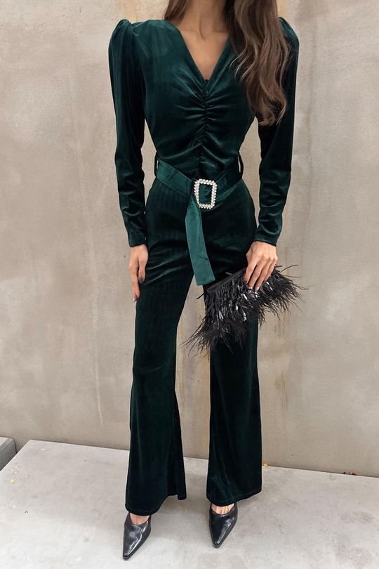 Velvet Büzgülü Tulum Zümrüt Yeşili