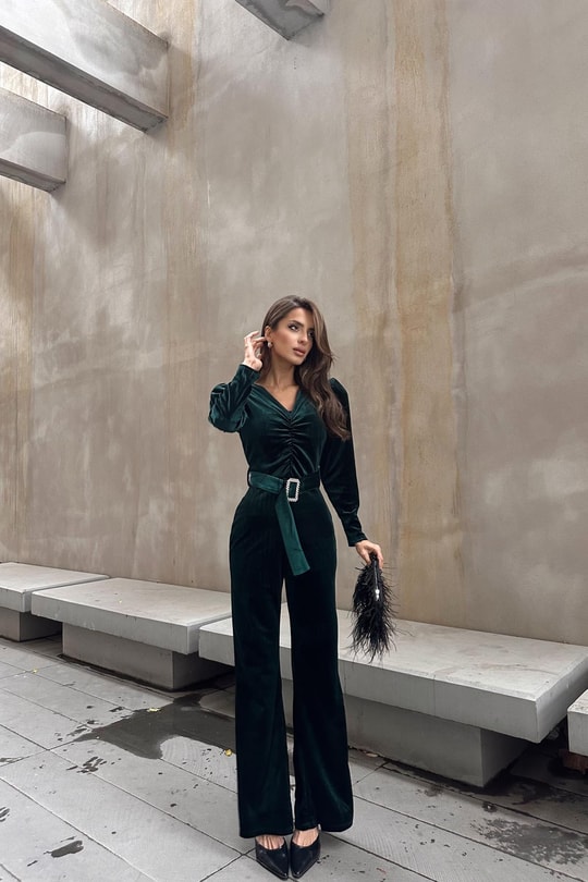 Velvet Büzgülü Tulum Zümrüt Yeşili