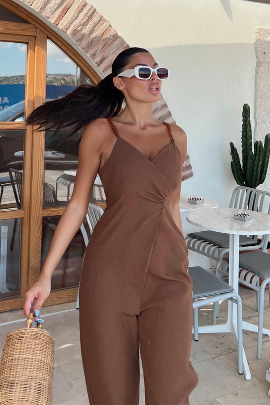 Zincir Askılı Keten Tulum Kahve