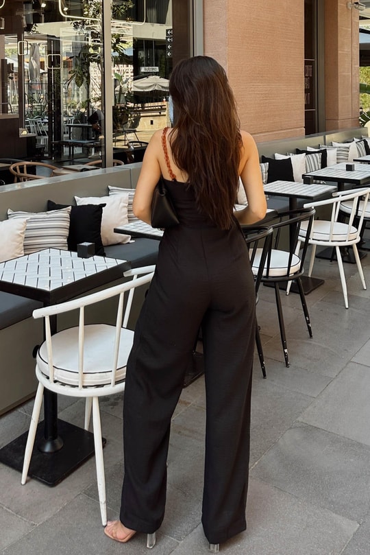 Zincir Askılı Keten Tulum Siyah