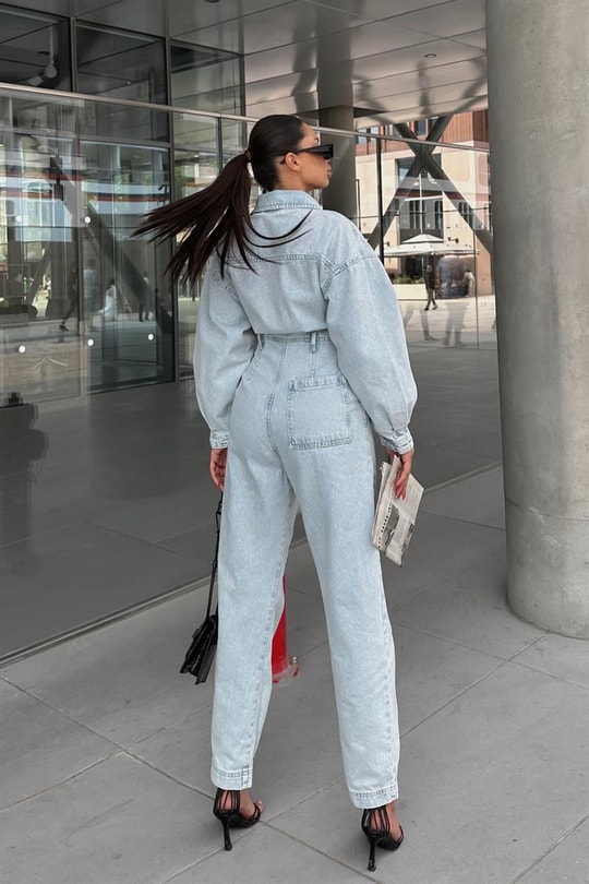 Zip Detay Baggy Denim Tulum Buz Mavi