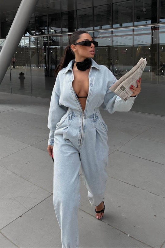 Zip Detay Baggy Denim Tulum Buz Mavi