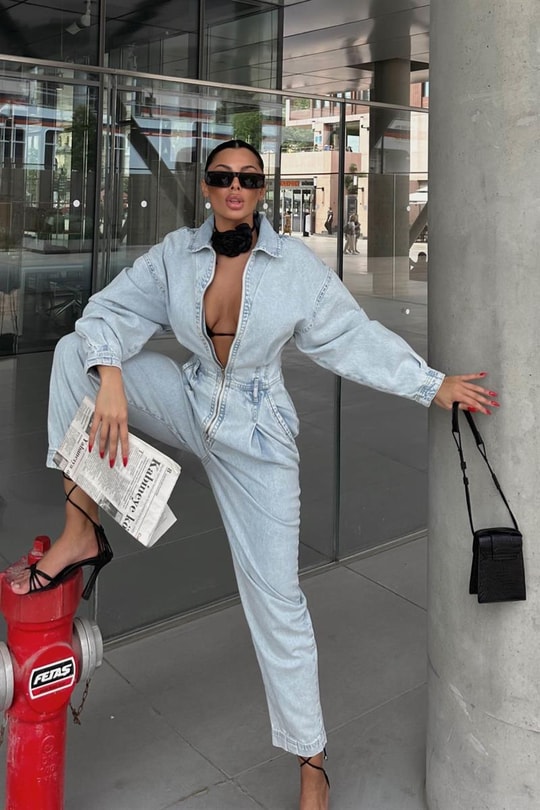 Zip Detay Baggy Denim Tulum Buz Mavi