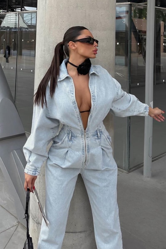 Zip Detay Baggy Denim Tulum Buz Mavi