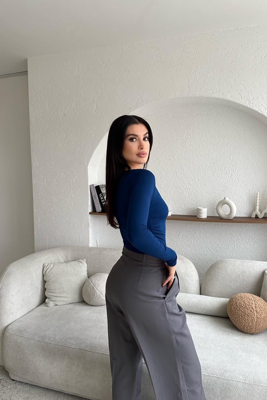 Yan Büzgülü Trend Dik Yaka Bluz İndigo