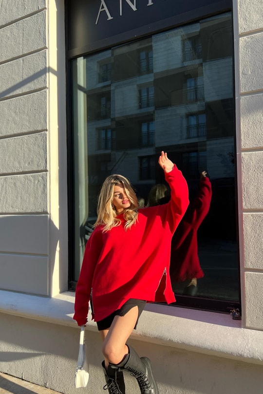 Yan Fermuarlı Bisiklet Yaka Sweatshirt Kırmızı