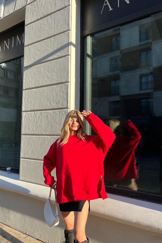 Yan Fermuarlı Bisiklet Yaka Sweatshirt Kırmızı