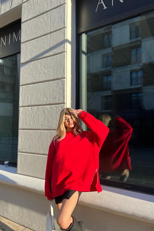 Yan Fermuarlı Bisiklet Yaka Sweatshirt Kırmızı