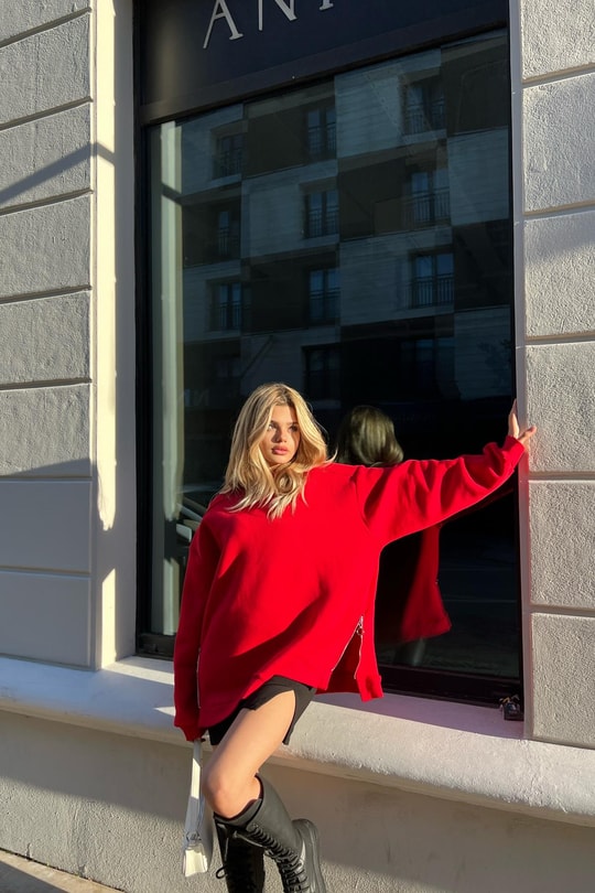 Yan Fermuarlı Bisiklet Yaka Sweatshirt Kırmızı