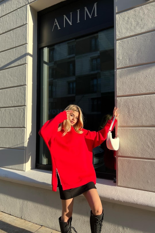 Yan Fermuarlı Bisiklet Yaka Sweatshirt Kırmızı