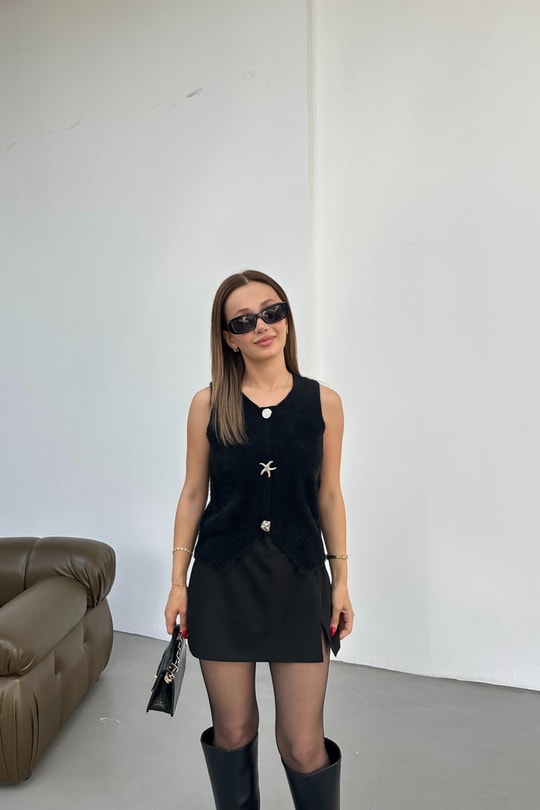 Aksesuar Düğmeli Triko Yelek Siyah
