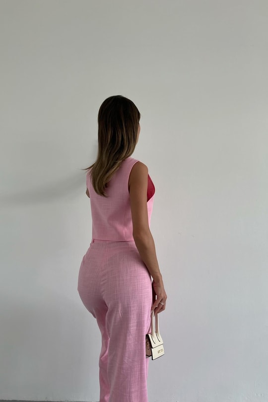 Astarlı Keten Yelek Şeker Pembe