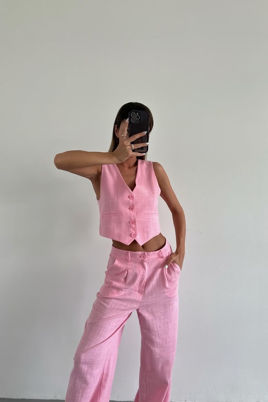 Astarlı Keten Yelek Şeker Pembe