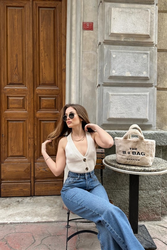 Casual Triko Yelek Krem