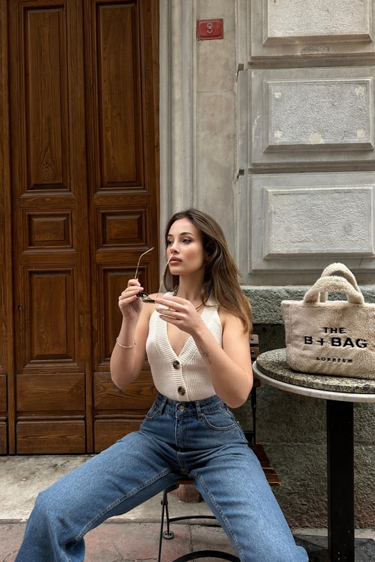 Casual Triko Yelek Krem