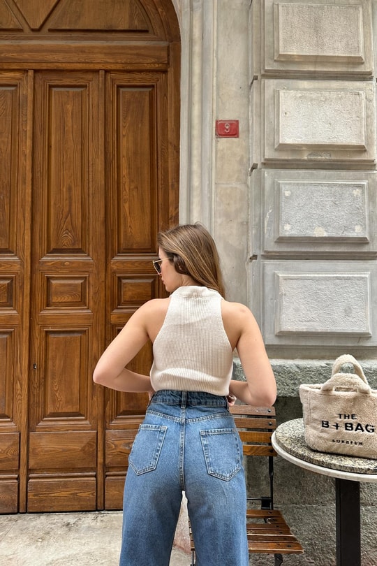 Casual Triko Yelek Krem