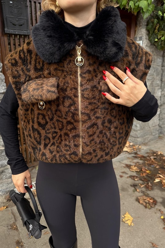 Cep Aksesuar Detaylı Kürk Yelek LEOPAR DESEN