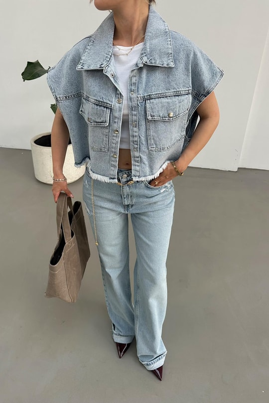 Cepli Denim Yelek Buz Mavi