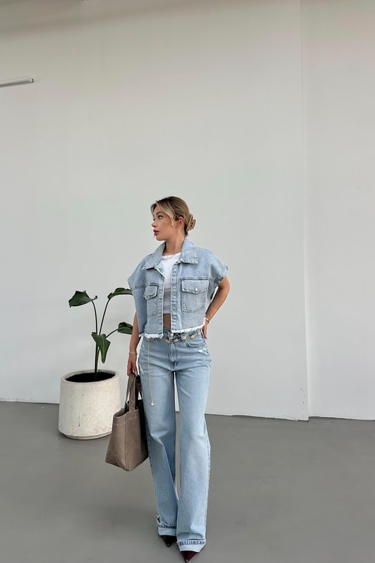 Cepli Denim Yelek Buz Mavi