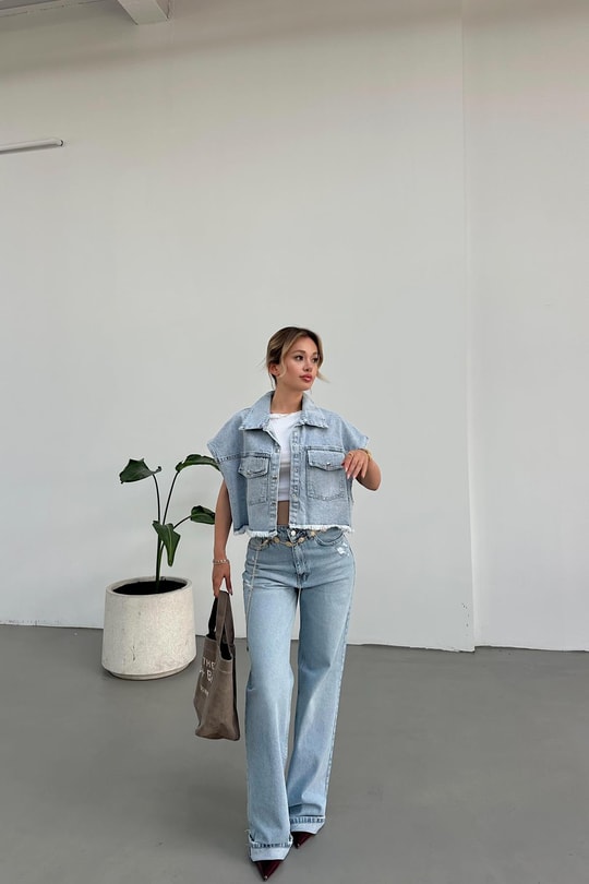 Cepli Denim Yelek Buz Mavi