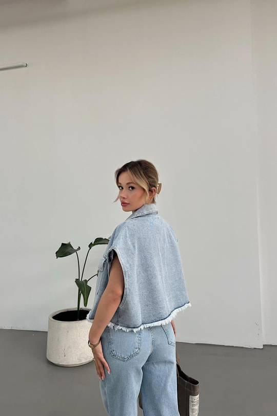 Cepli Denim Yelek Buz Mavi