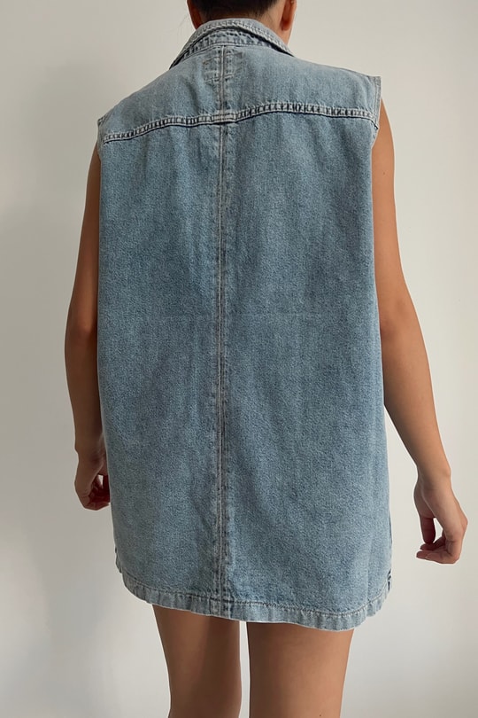 Çıtçıtlı Denim Yelek Buz Mavi