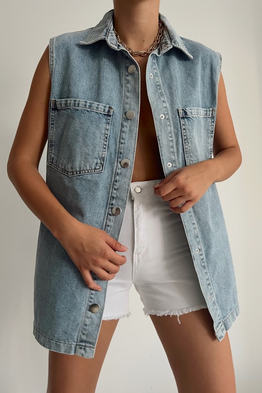 Çıtçıtlı Denim Yelek Buz Mavi