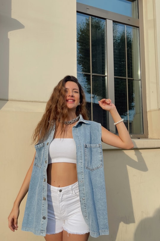 Çıtçıtlı Denim Yelek Buz Mavi
