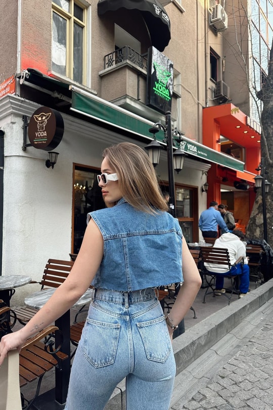 Denim Crop Yelek Buz Mavi