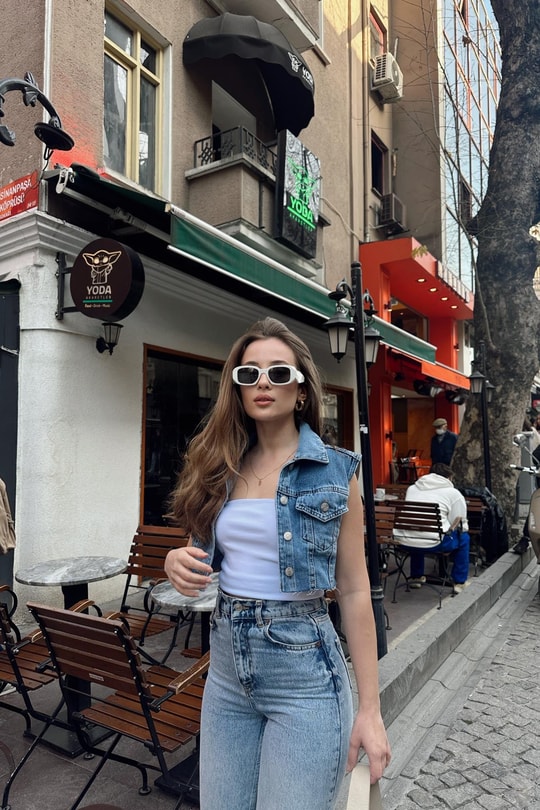 Denim Crop Yelek Buz Mavi