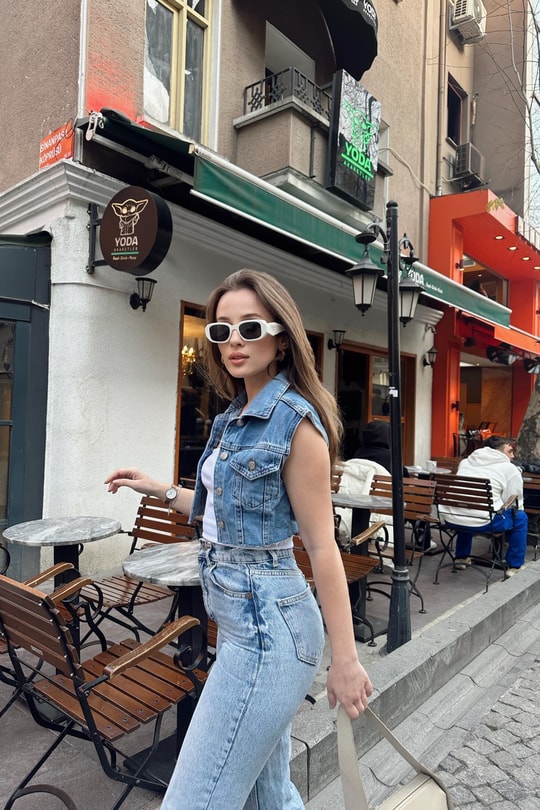 Denim Crop Yelek Buz Mavi