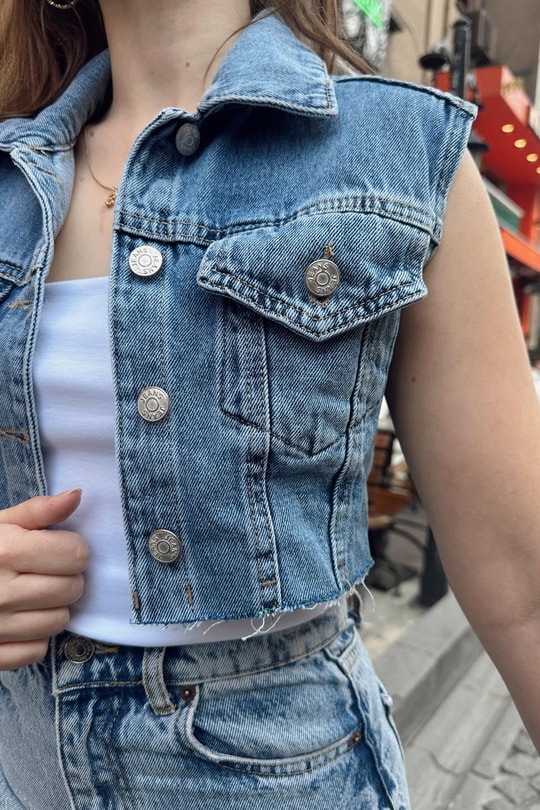 Denim Crop Yelek Buz Mavi