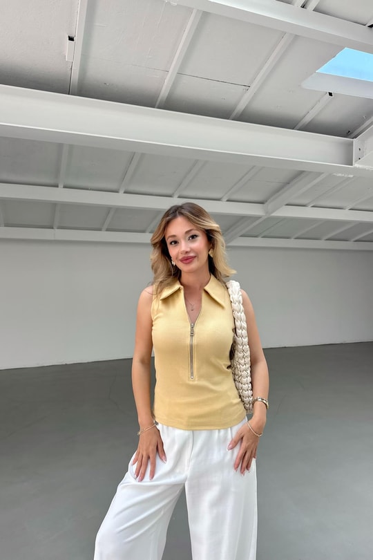 Fermuarlı Polo Yaka Body Hardal