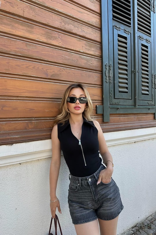 Fermuarlı Polo Yaka Body Siyah