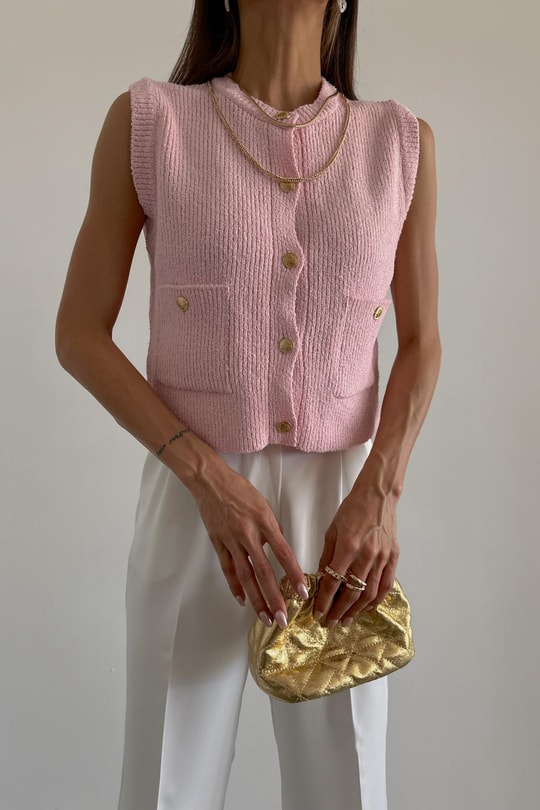 Gold Düğmeli Premıum Yelek Pembe