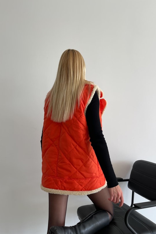 Kürk Yaka Kemerli Yelek Oranj