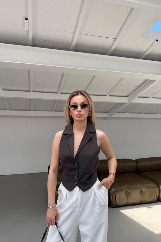 Şal Yaka Crop Dokuma Yelek Haki