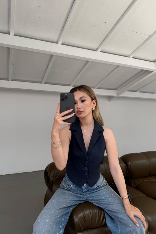 Şal Yaka Crop Dokuma Yelek Lacivert