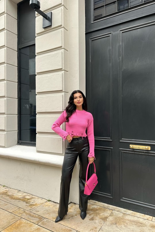 Yırtık Detaylı Triko Crop Kazak Pembe
