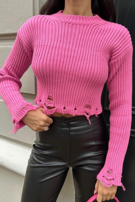 Yırtık Detaylı Triko Crop Kazak Pembe