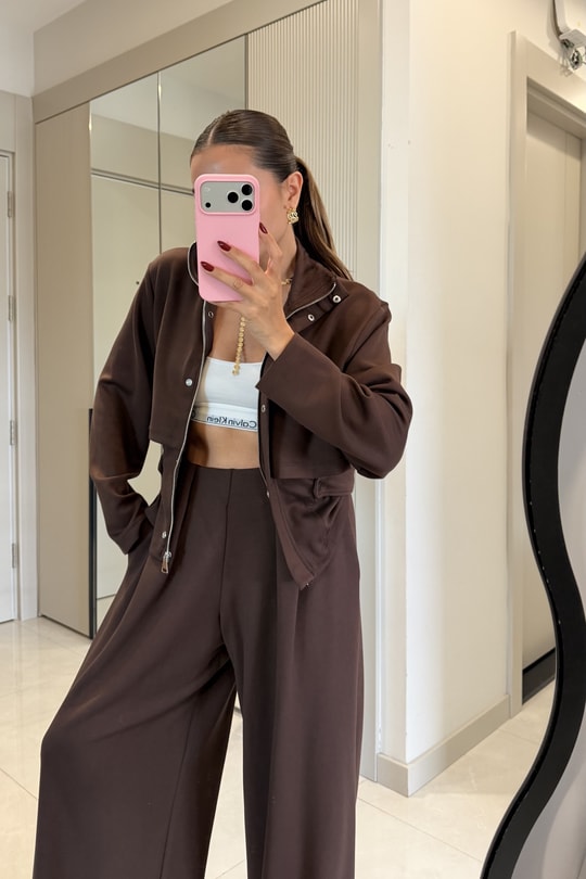 Arianna Kahve Düğme Detaylı Geniş Paça Takım