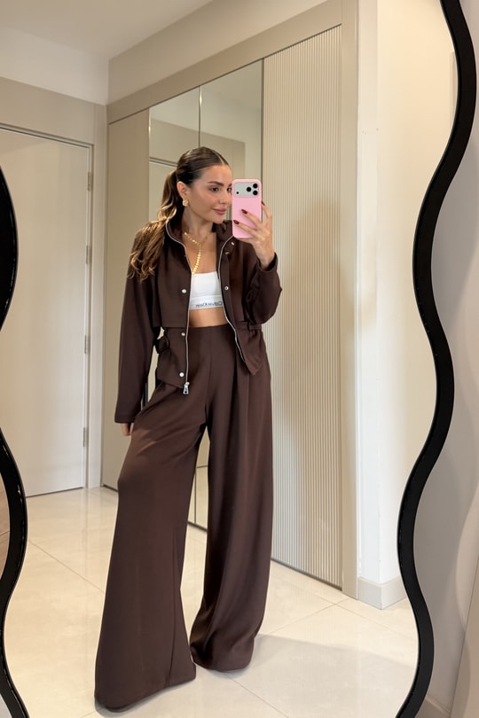 Arianna Kahve Düğme Detaylı Geniş Paça Takım