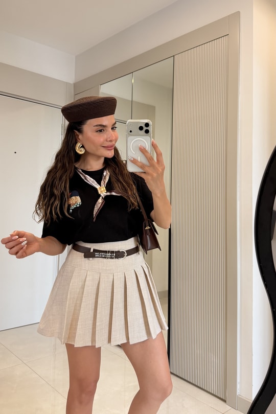 Beautiful Ekru Kemerli Şort Etek