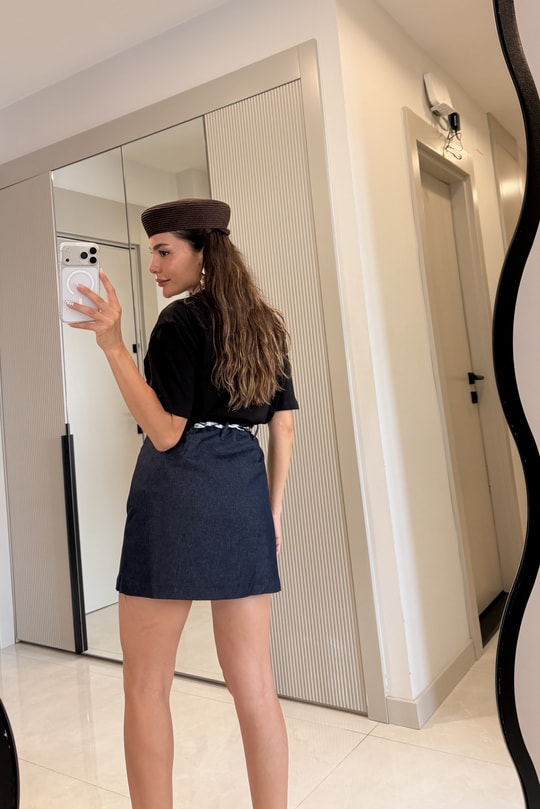 Berina Lacivert Kemerli Şort Etek