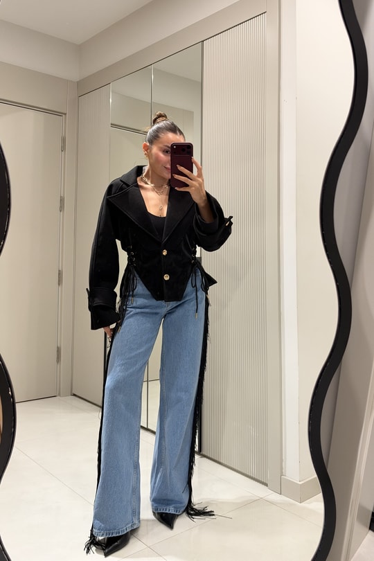 Bowen Yanları Siyah Püskül Detaylı Geniş Paça Jean